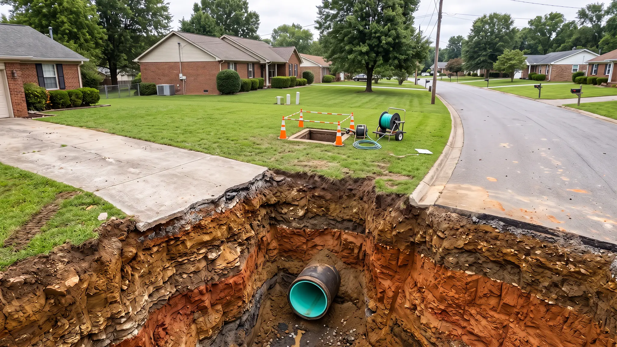 After: the same yard intact with a small access pit and the old pipe relined underneath