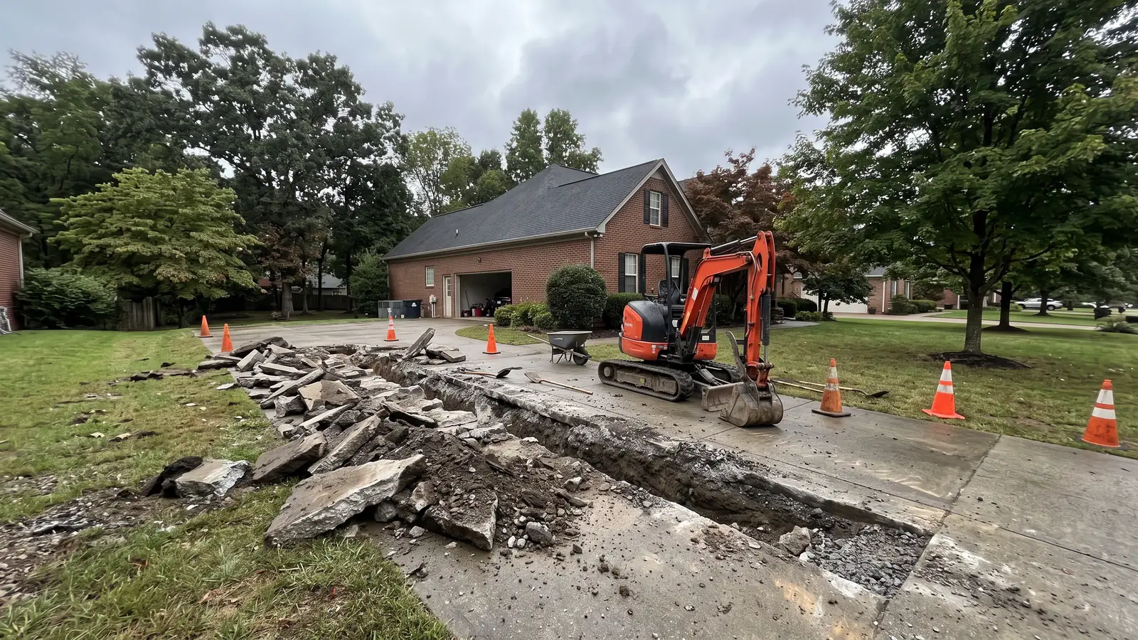 Before: a concrete driveway jackhammered open for a trench
