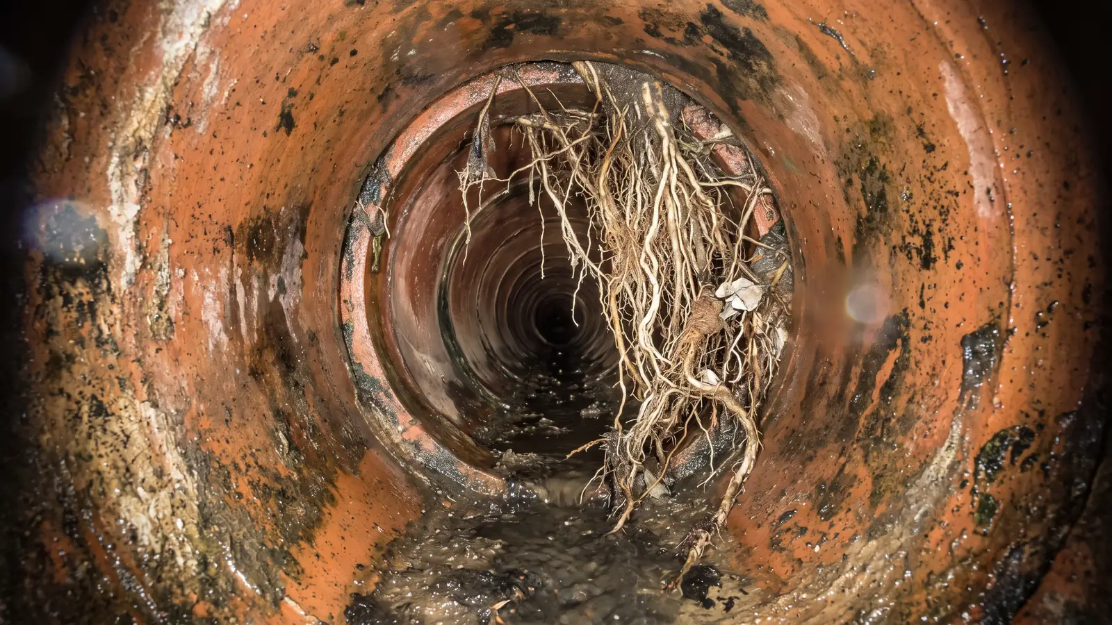 Before: the inside of a clay sewer pipe packed with tree roots at a joint