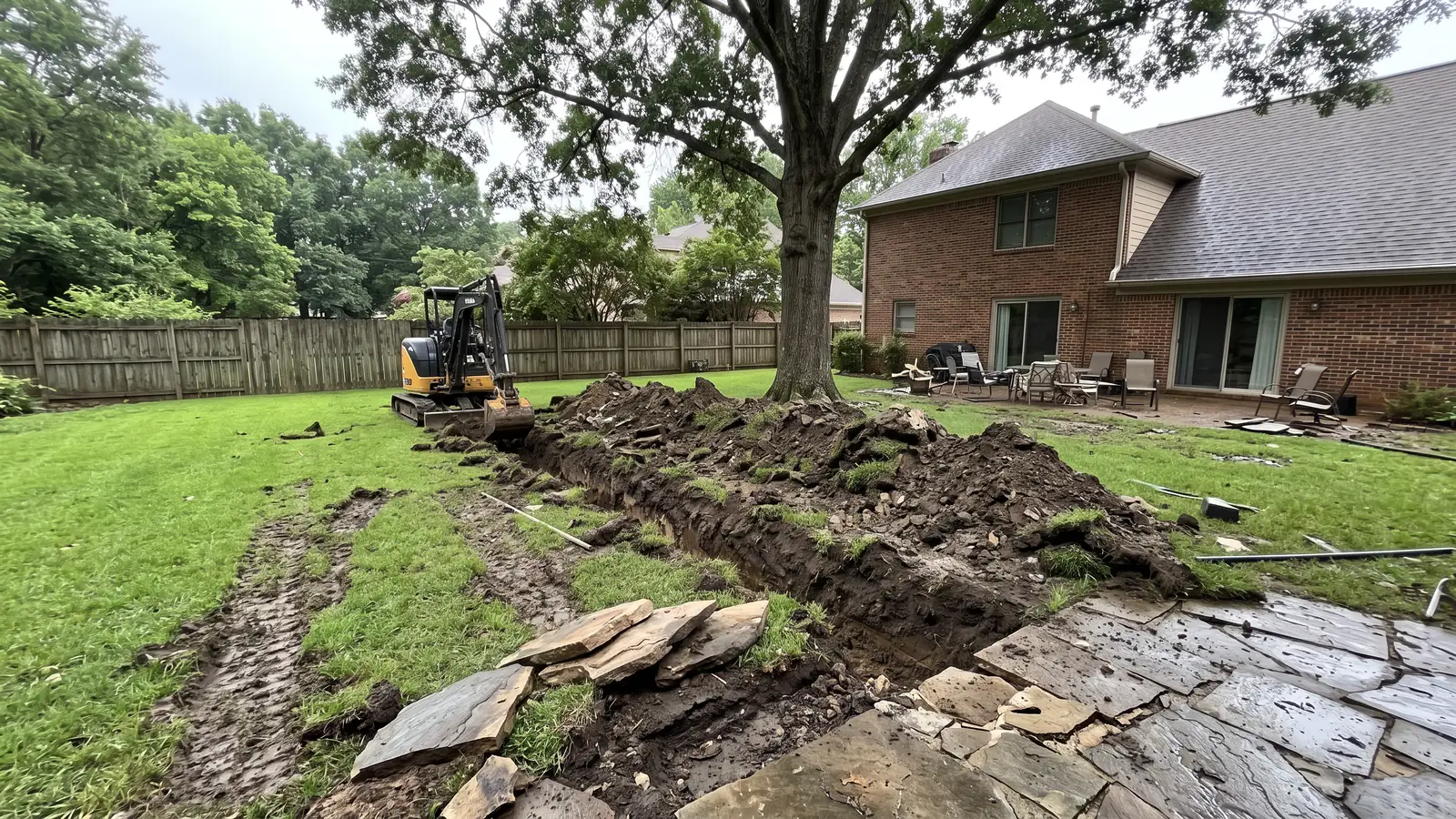 Before: a backyard with a long trench through the lawn and patio edge